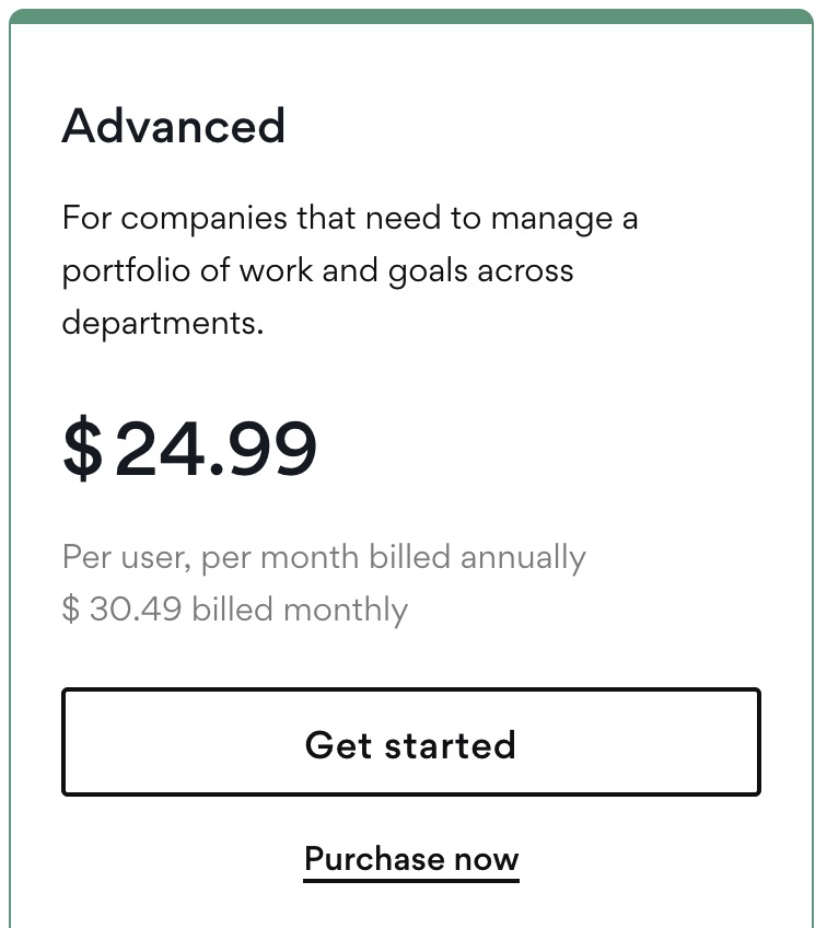 Asana Advanced plan per user pricing as shown on the pricing page of its website.